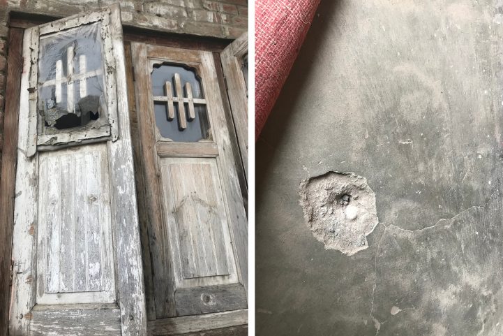 يقول السكان إن الجيش حطم النوافذ في باريجام أثناء الحملة في بولواما. إلى اليمين: ثقوب الرصاص على الأرض في منزل سهير كريم آباد في 14 أغسطس/ فورين بوليسي