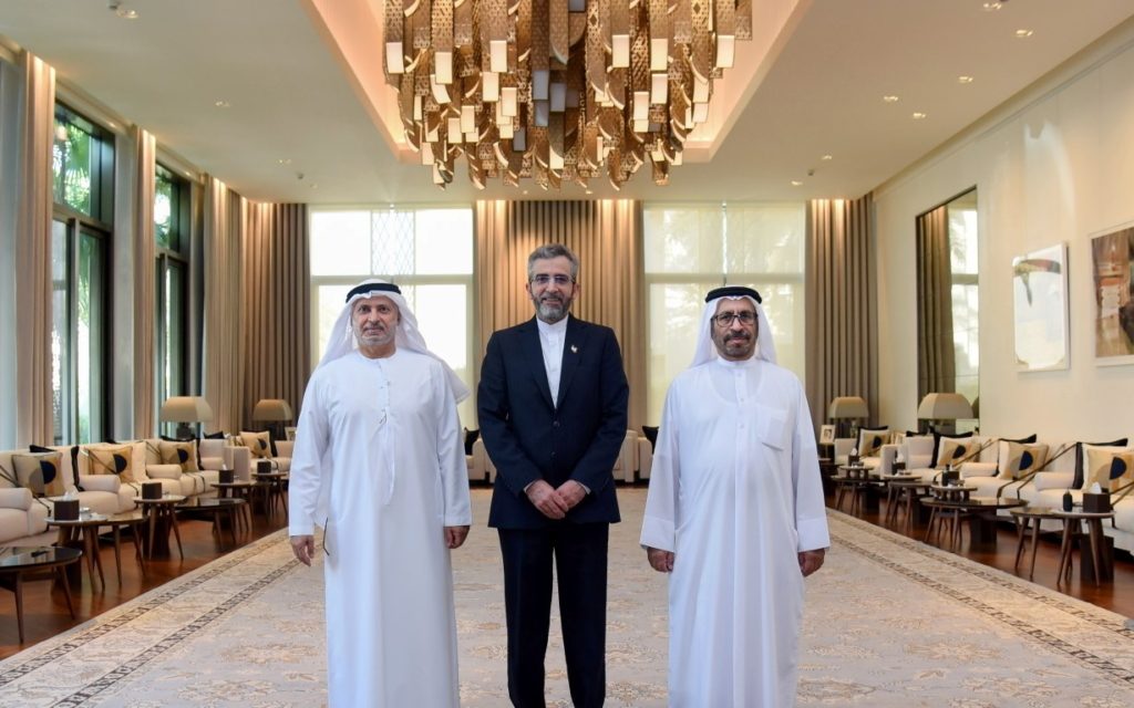 وزير خارجية إيران يلتقي المستشار الإماراتي أنور قرقاش في نوفمبر 2021/رويترز