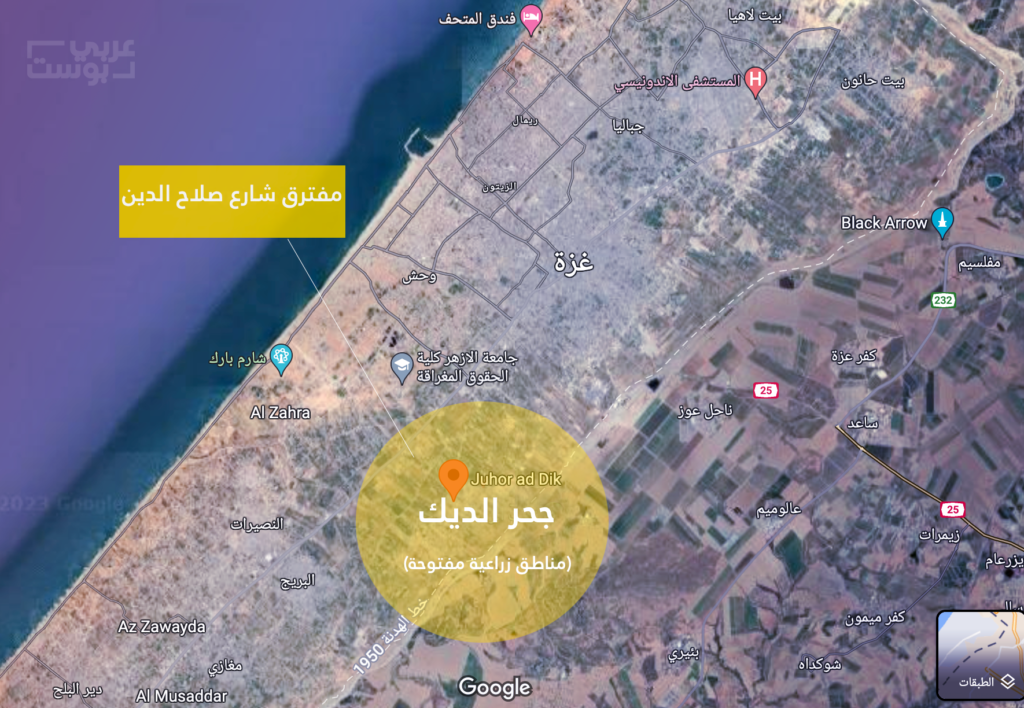 منطقة جحر الديك التي حاول الاحتلال التقدم فيها باتجاه محور شارع صلاح الدين، وهي منطقة رخوة وغير سكنية/ خرائط جوجل