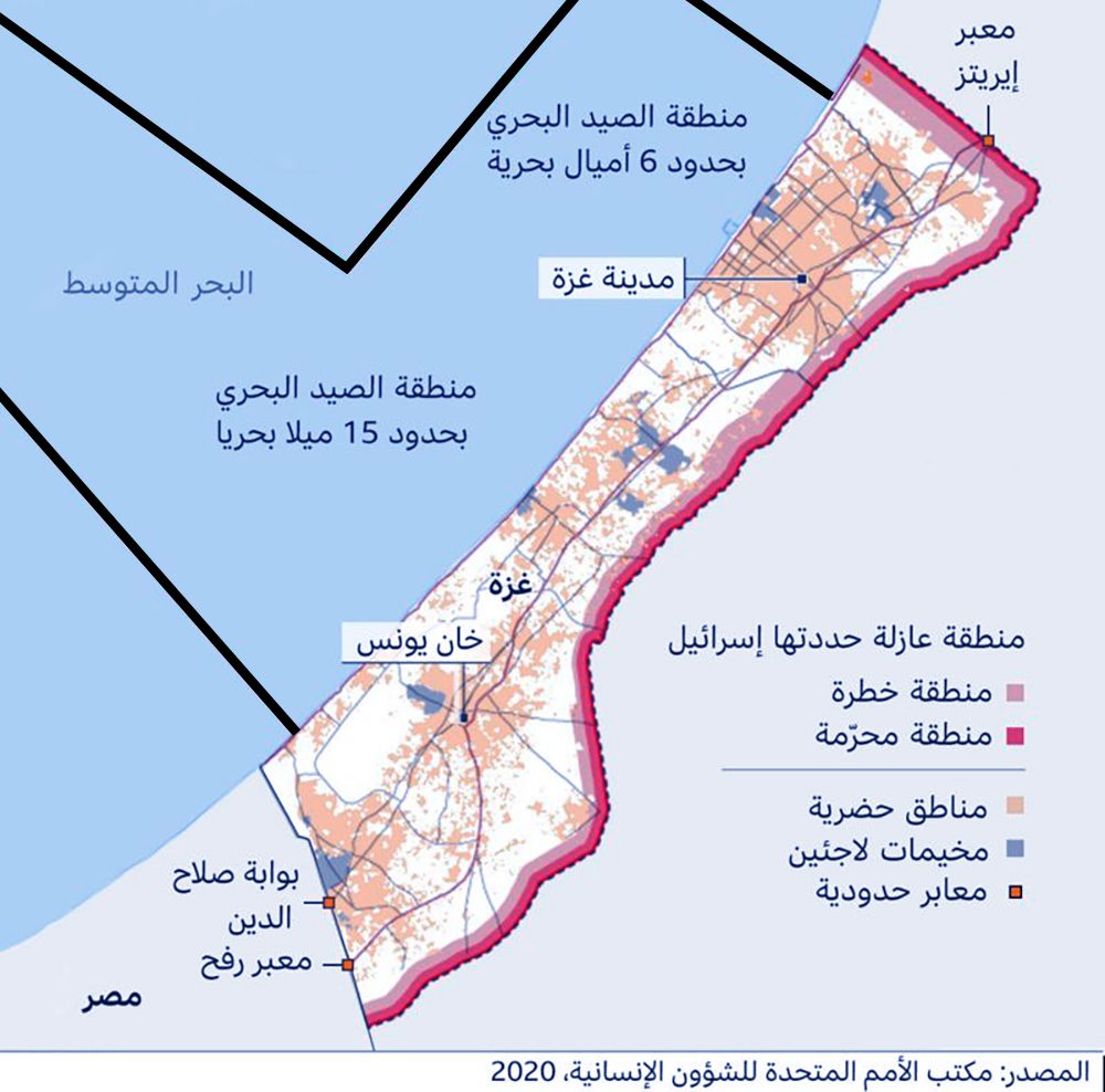 خارطة حصار غزة كما حددتها إسرائيل في عام 2020