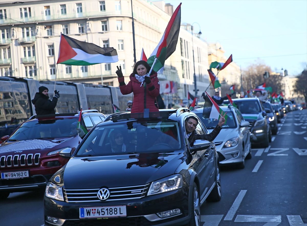 مسيرة بالسيارات في فيينا داعمة لفلسطين/الأناضول<br>