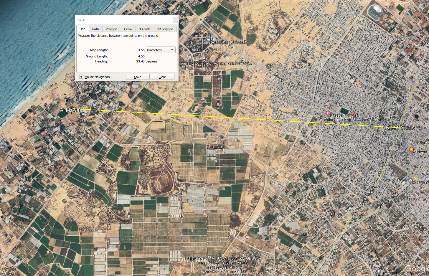 منطقة المواصي التي طالب الاحتلال من المدنيين خلال المرحلة الثانية من الحرب النزوح إليها غرب مدينة خان يونس جنوب قطاع غزة (المصدر: خرائط غوغل إرث)