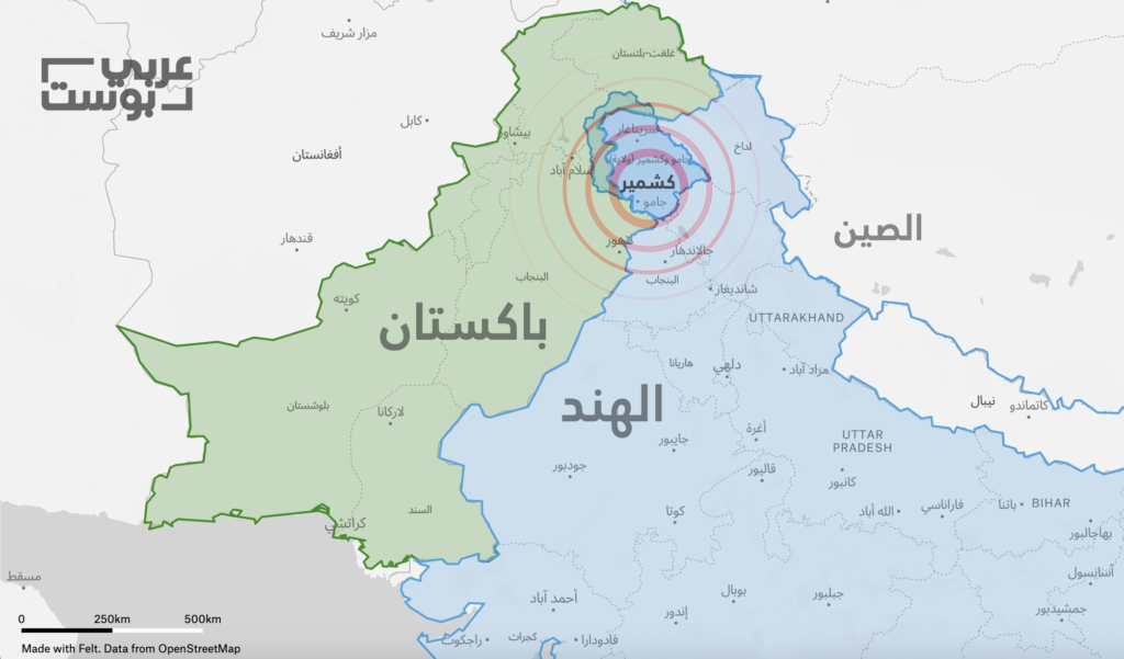 خارطة إقليم كشمير المتنازع عليه بين الهند وباكستان٬ حيث تظهر مناطق الاشتباكات الأخيرة - عربي بوست