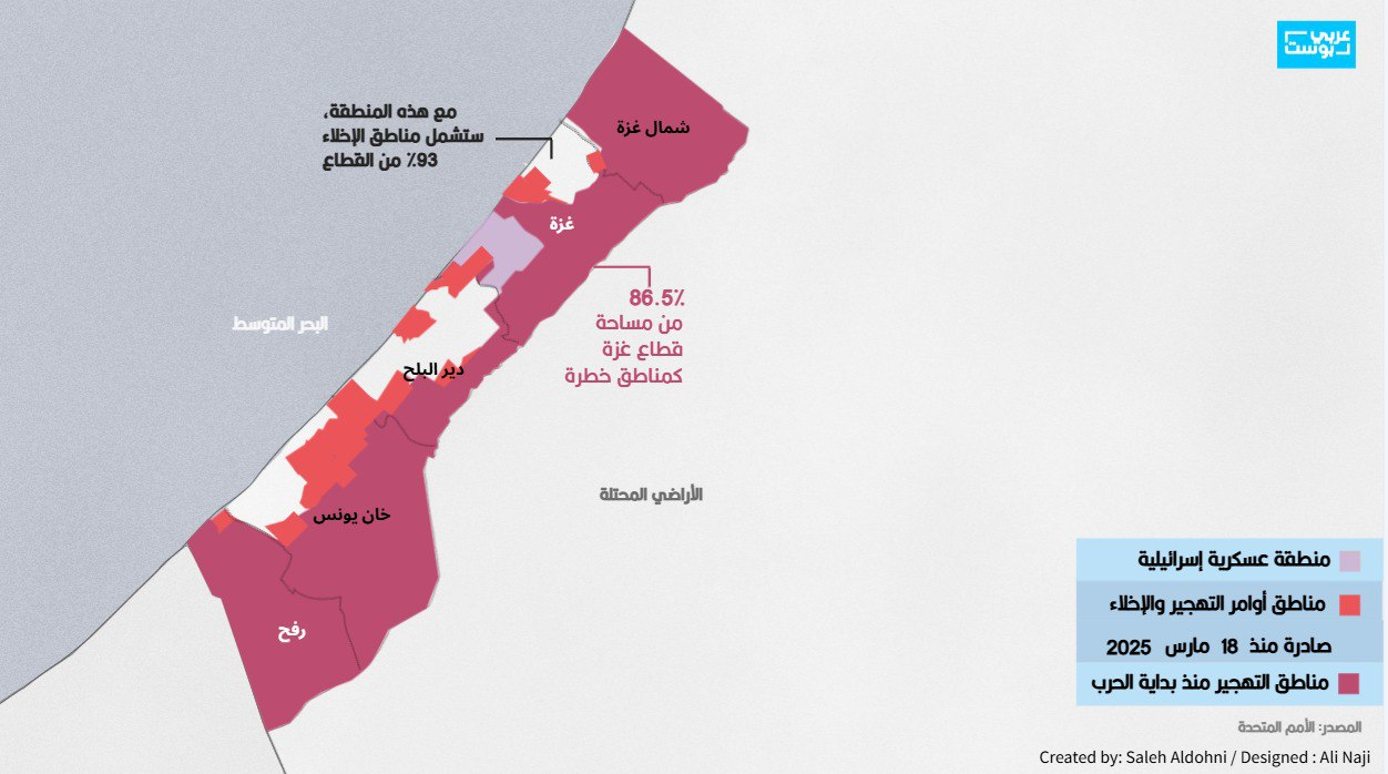 خريطة توضح المناطق التي طالتها أوامر الإخلاء من جيش الاحتلال/ عربي بوست