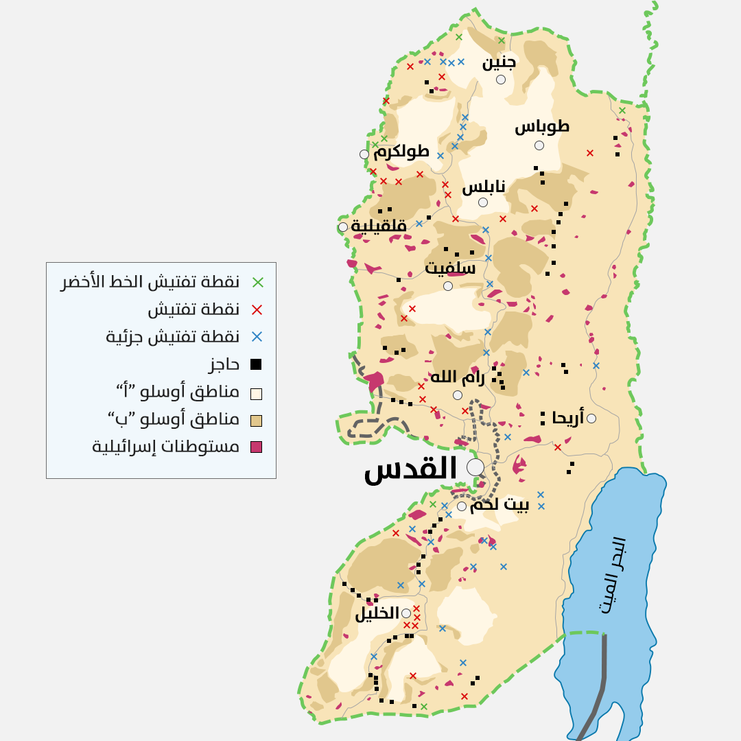 خريطة توضح انتشار الحواجز ونقاط التفتيش والمستوطنات في الضفة الغربية/ أوتشا